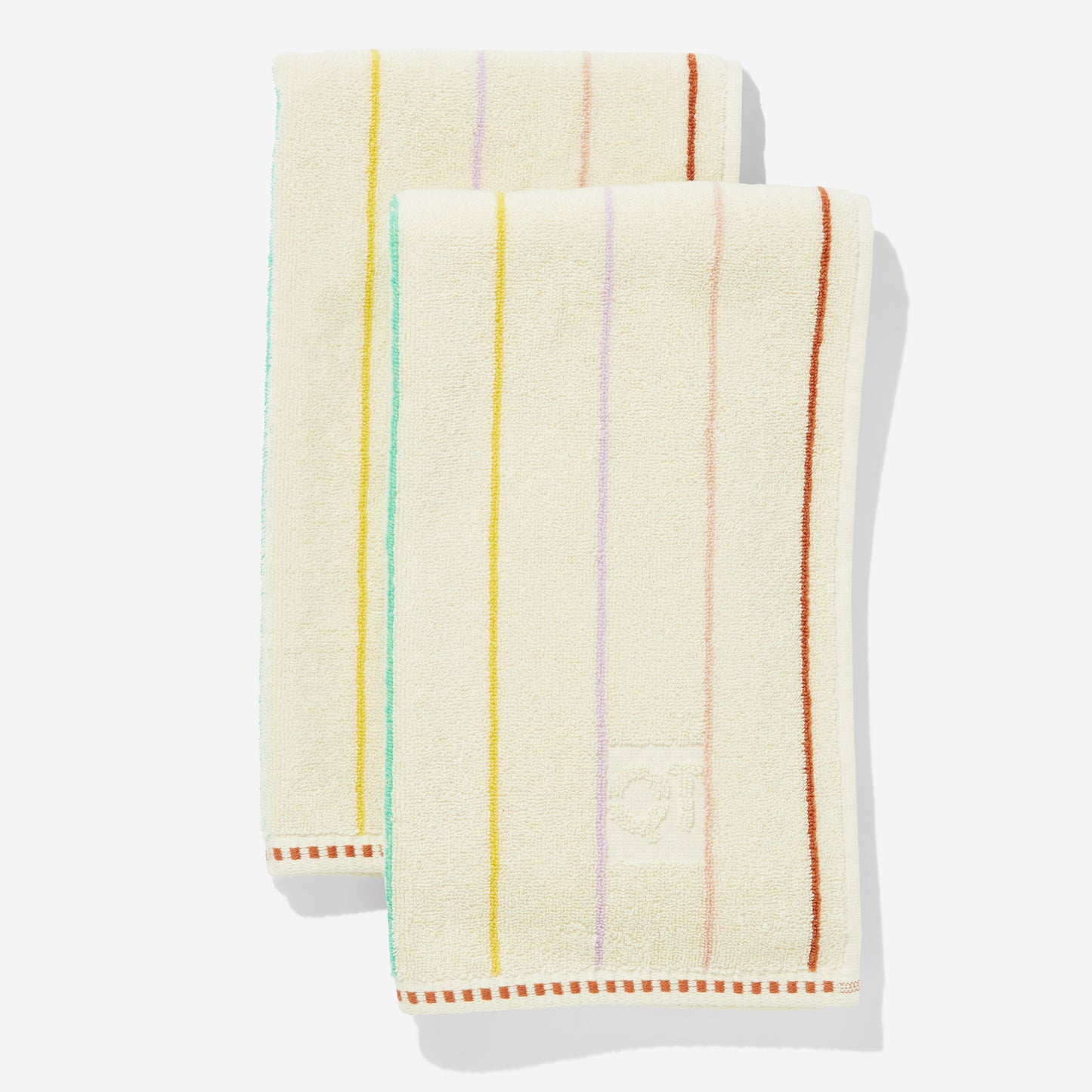 Set of two hand towels with multi-color horizontal pin stripes. Stripes are green yellow, lavender, rose, and clay.