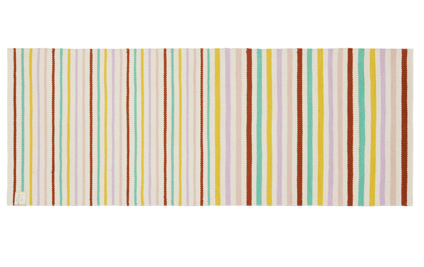 multi color striped cotton runner laying flat on a white background.