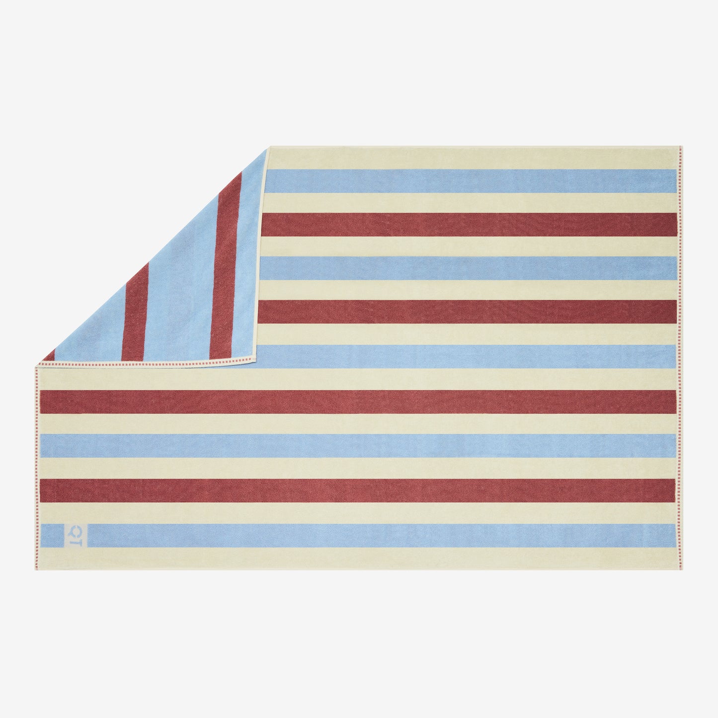 Striped towel with rose, blue, and cream colors on a white background