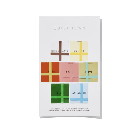 Sun shower swatch card with 7 2"x2" swatches to choose from of the 2x2 sun showers: Atlantic, Butter, Chocolate, Honey, Olive, Pine, Rose.