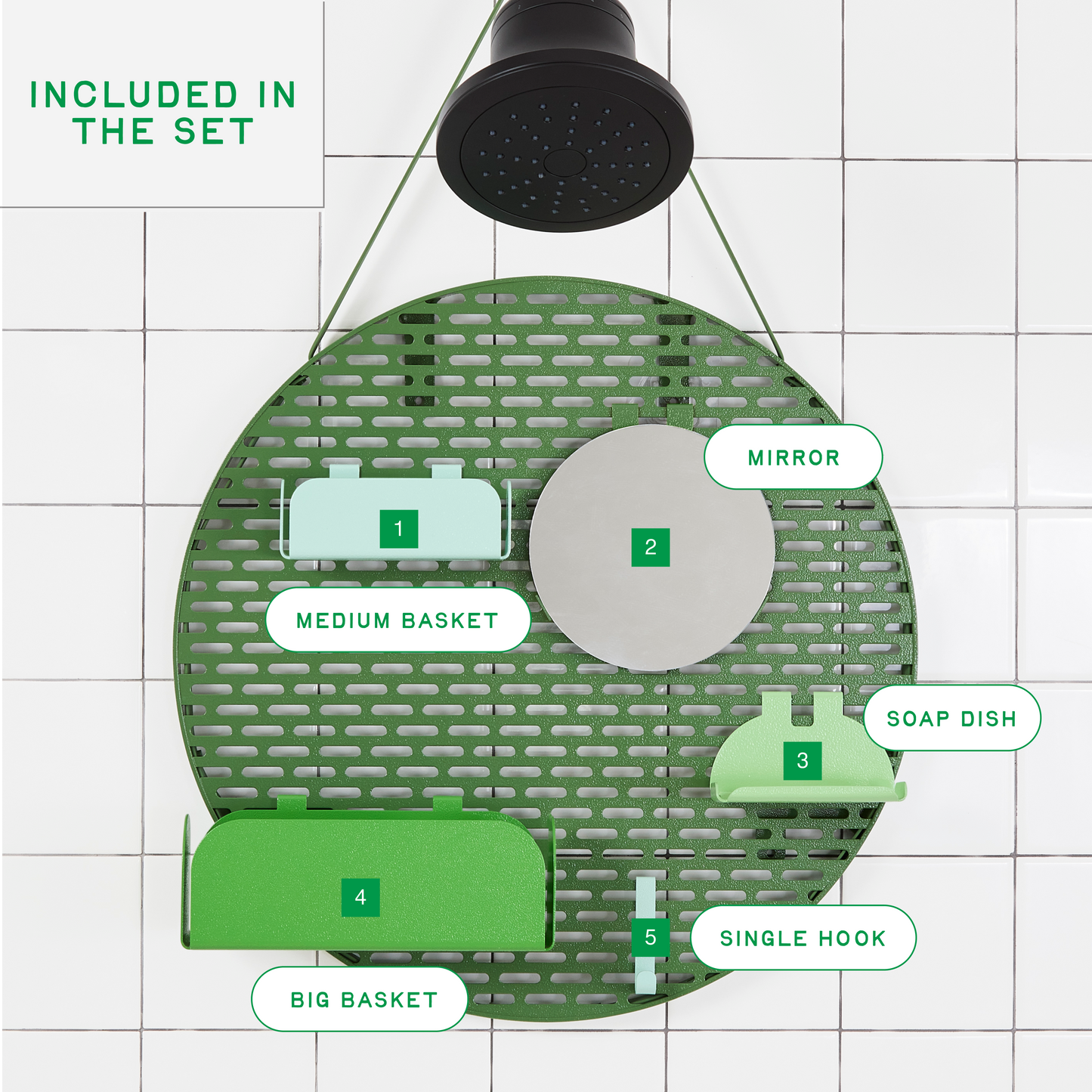 The spot in pine (green) with basekets labeled to show what comes in kit