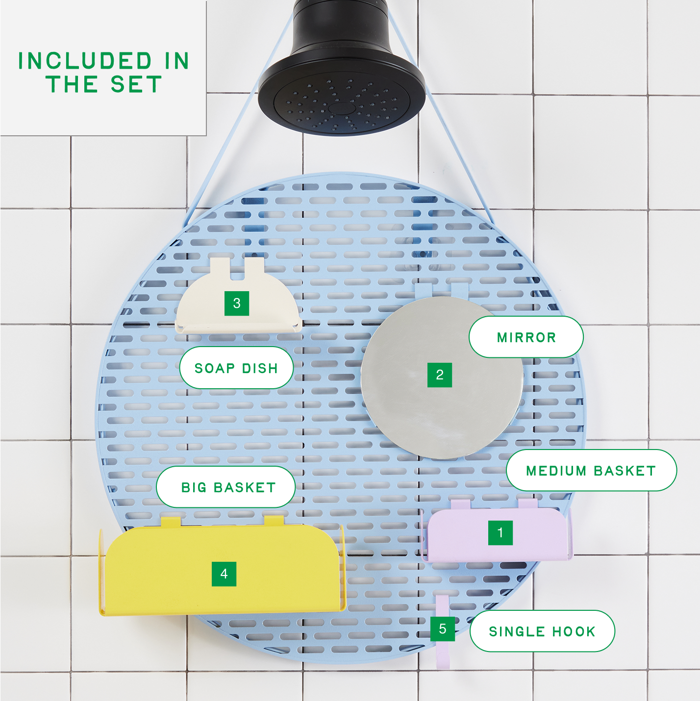 Circular blue shower organizer with modular shelving includes medium basket, mirror, soap dish, big basket, and single hook within the set.
