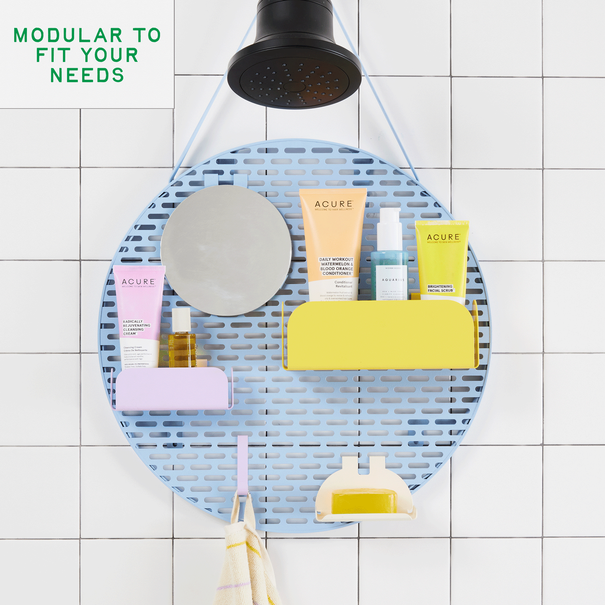 GIF of modular shower organizer holding products and shifting layout against white tiled bathroom.