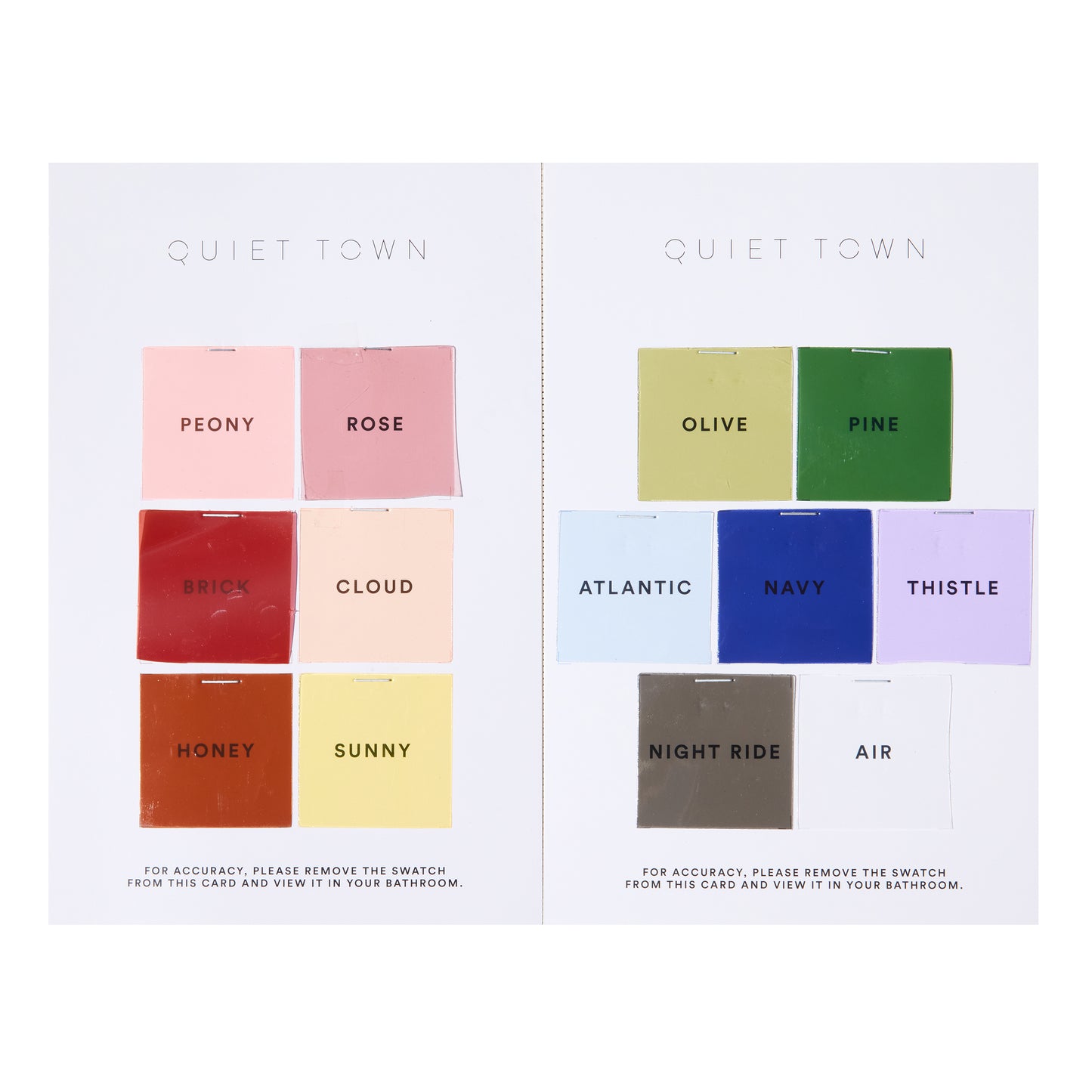 Color swatch card labeled 'Quiet Town' with various color names and swatches.