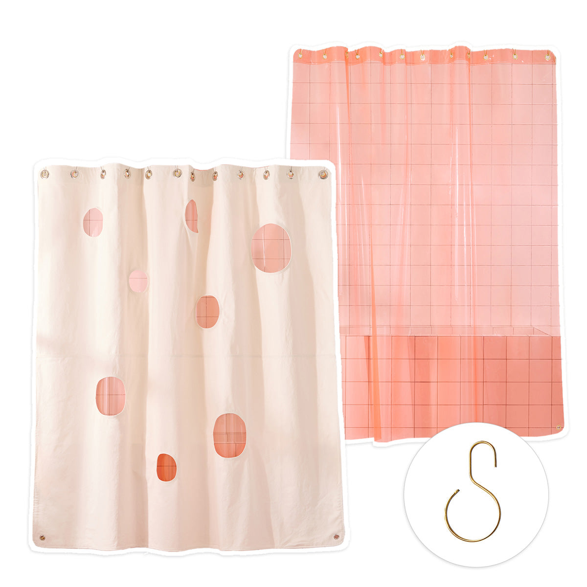 Bubble shower curtain and peony sun shower curtain shot against white background