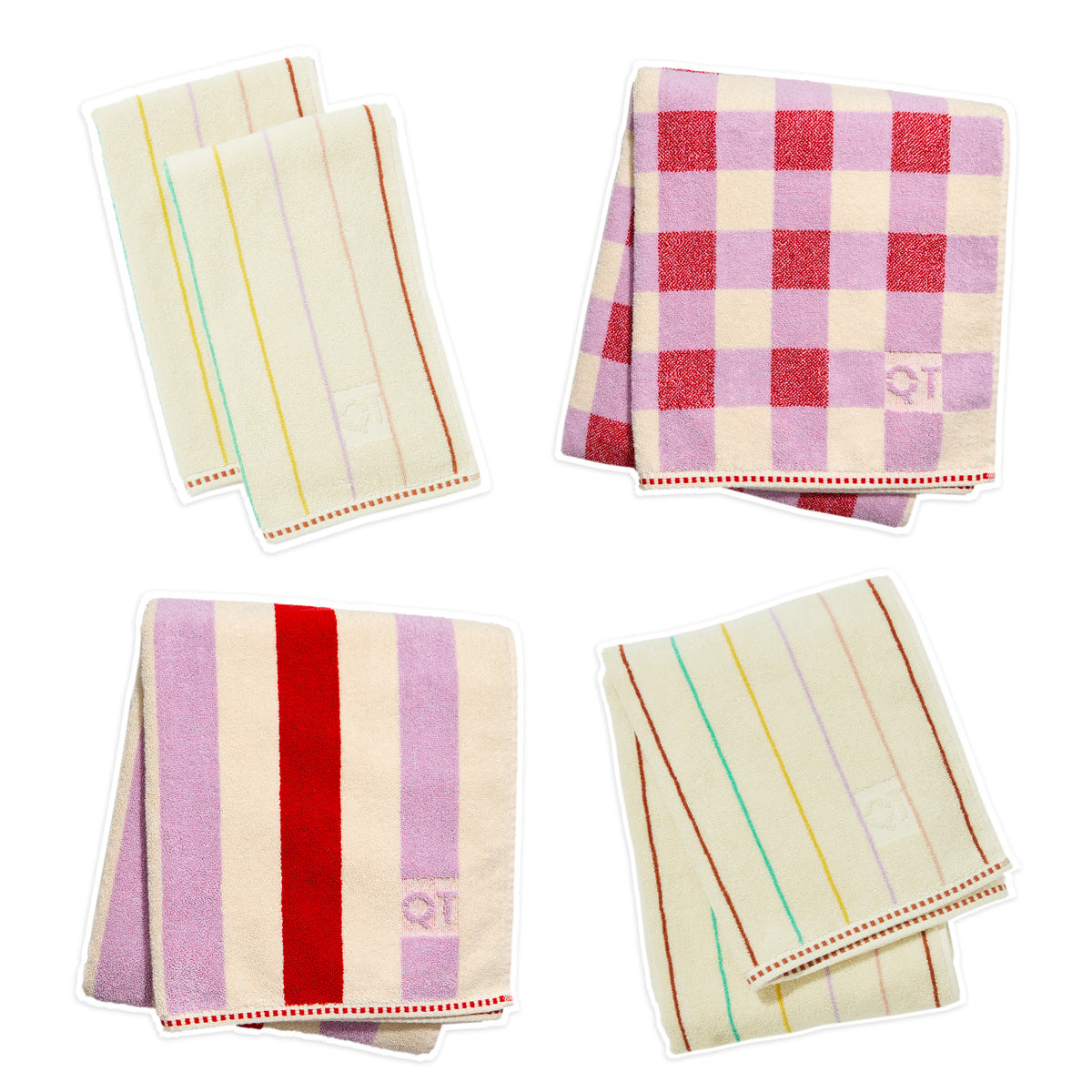 Set of 4 towels in checked and striped patterns against white bathroom.