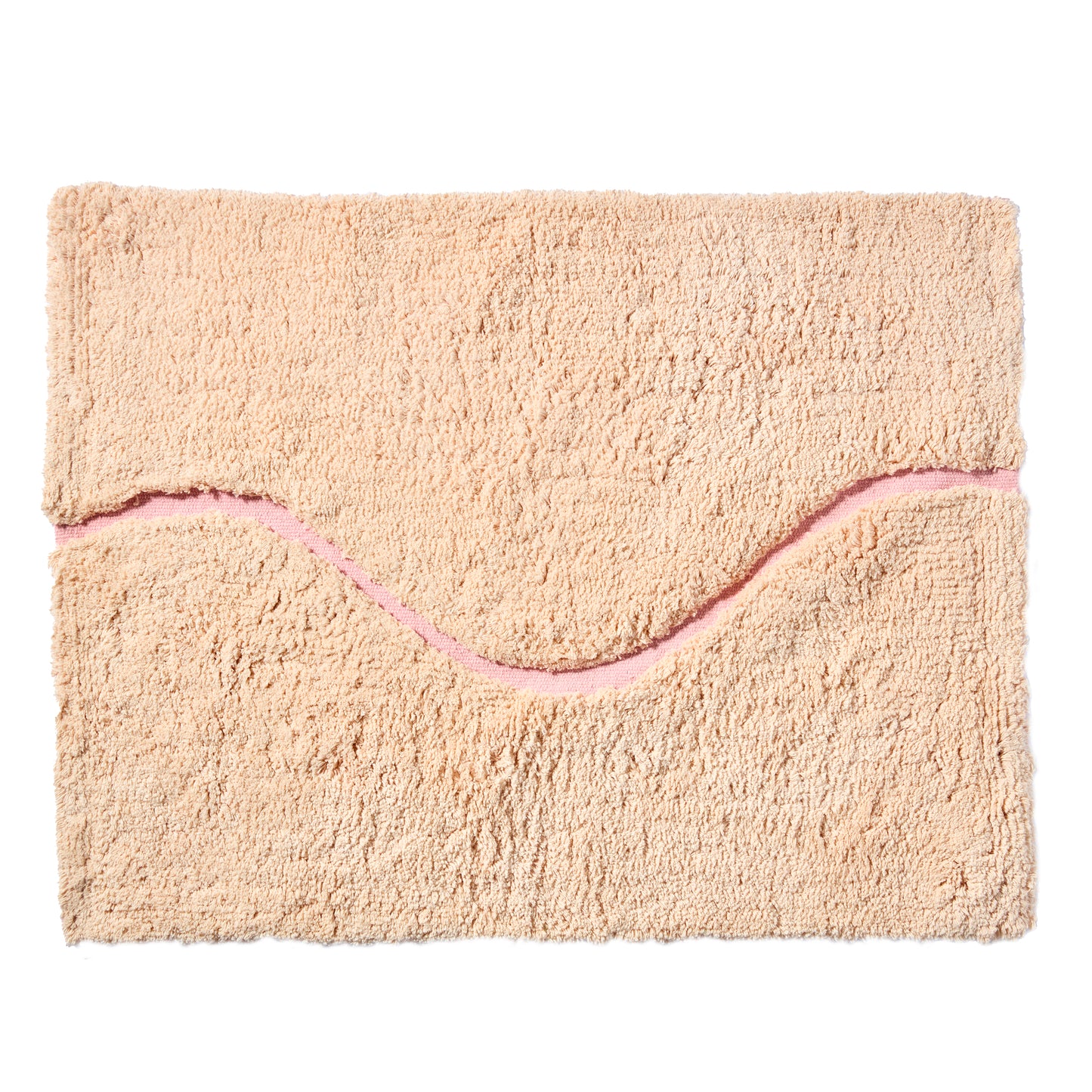 Peach bath mat in 21"x31" size with pink curvy path stripe contrast shot against a white backdrop.