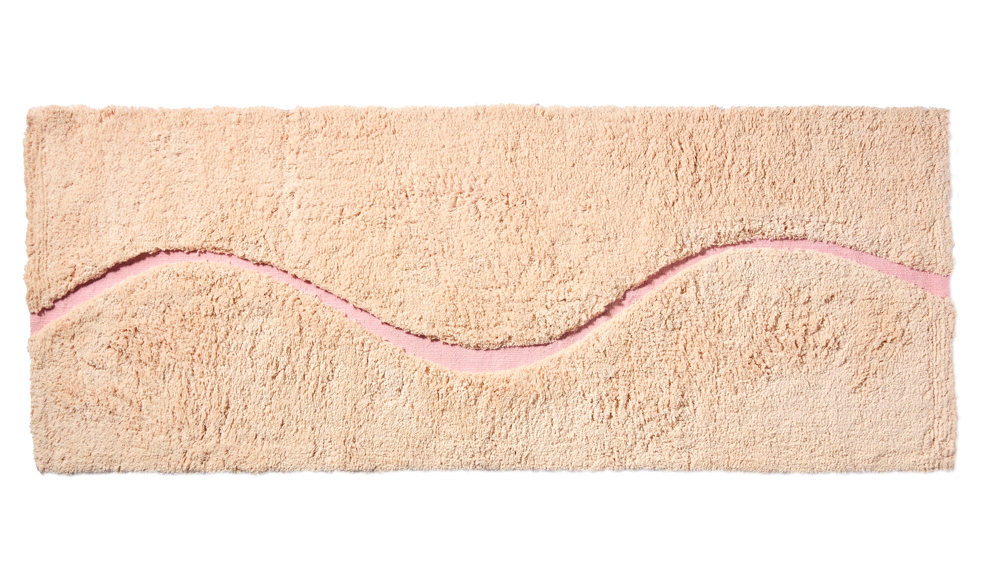 Peach bath mat in 56"x22"size with pink curvy path stripe contrast shot against a white backdrop.
