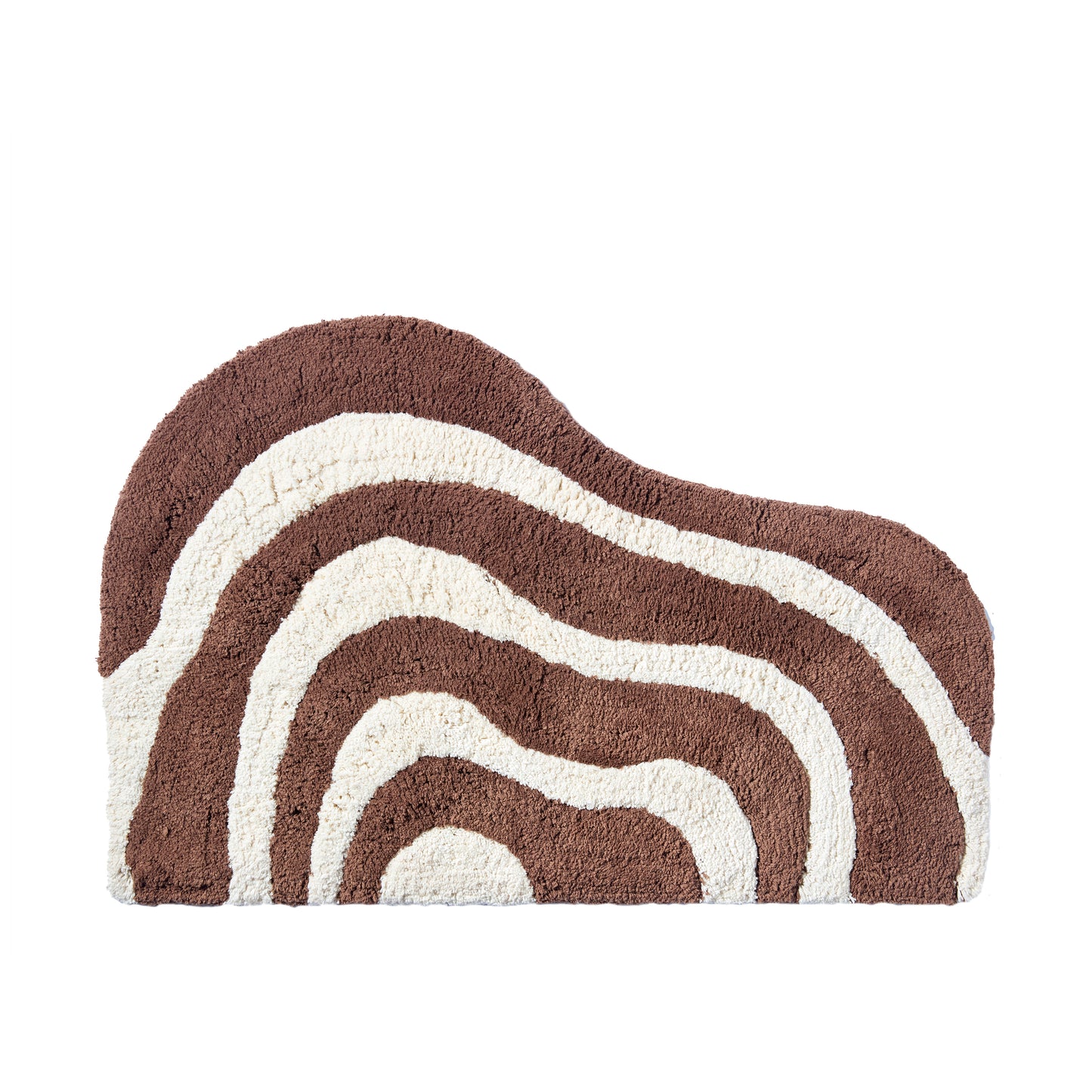 Wave shaped brown and cream striped bath mat in 21"x31" size with white background.