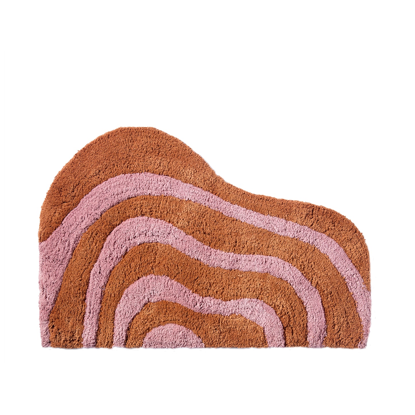 Wave shaped honey and rose striped bath mat in 21"x31" size with white background.