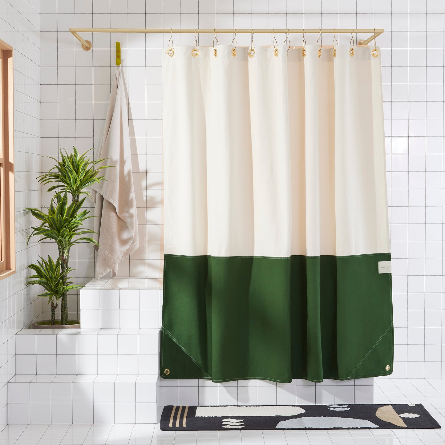 Orient Pine front view of curtain hanging in a bathroom.