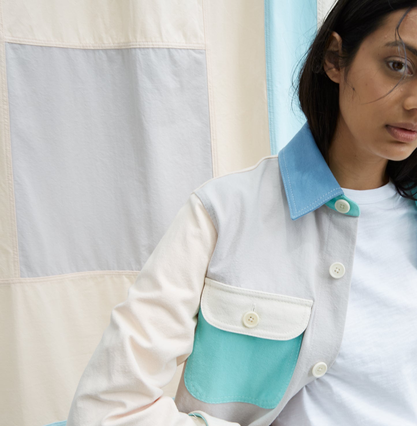 Alex Mill x Quiet Town Work Jacket Sky detail view on model