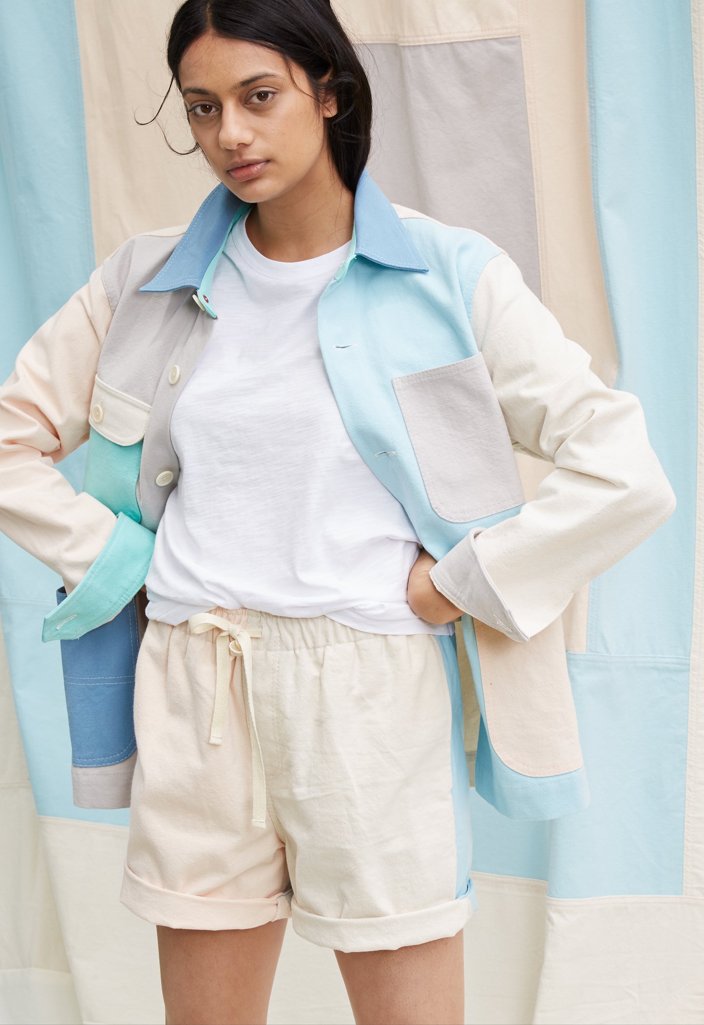 Alex Mill x Quiet Town Work Jacket Sky front view on model