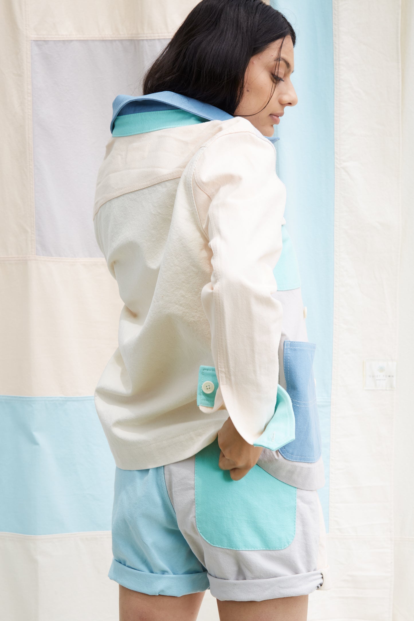 Alex Mill x Quiet Town Work Jacket Sky detail view of side on model