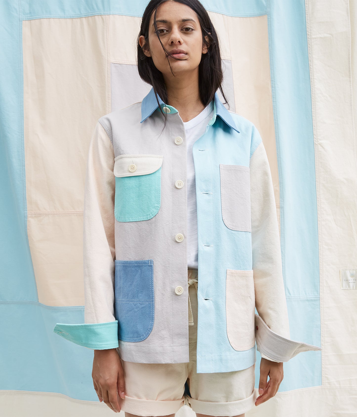 Alex Mill x Quiet Town Work Jacket Sky front view on model