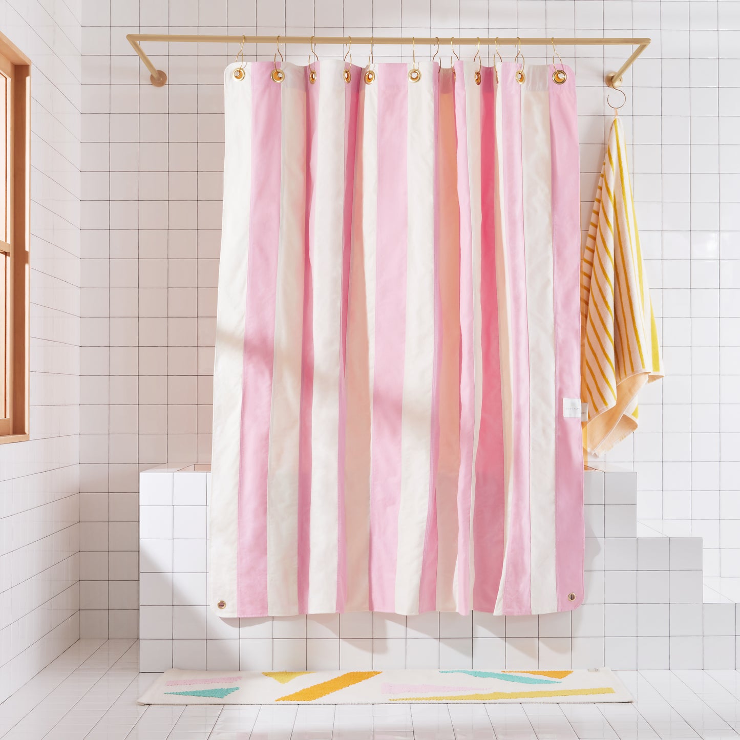 Catalina Phlox front view of curtain hanging in a bathroom.