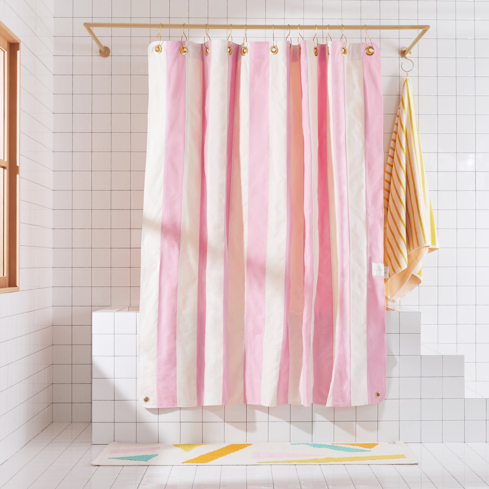 Catalina Phlox front view of curtain hanging in a bathroom.