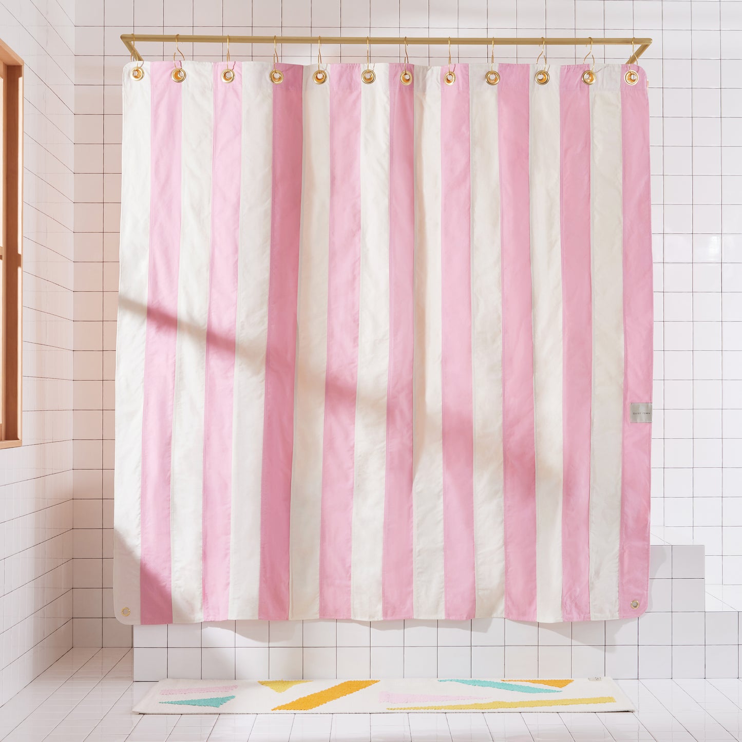 Catalina Phlox front view of curtain hanging in a bathroom.