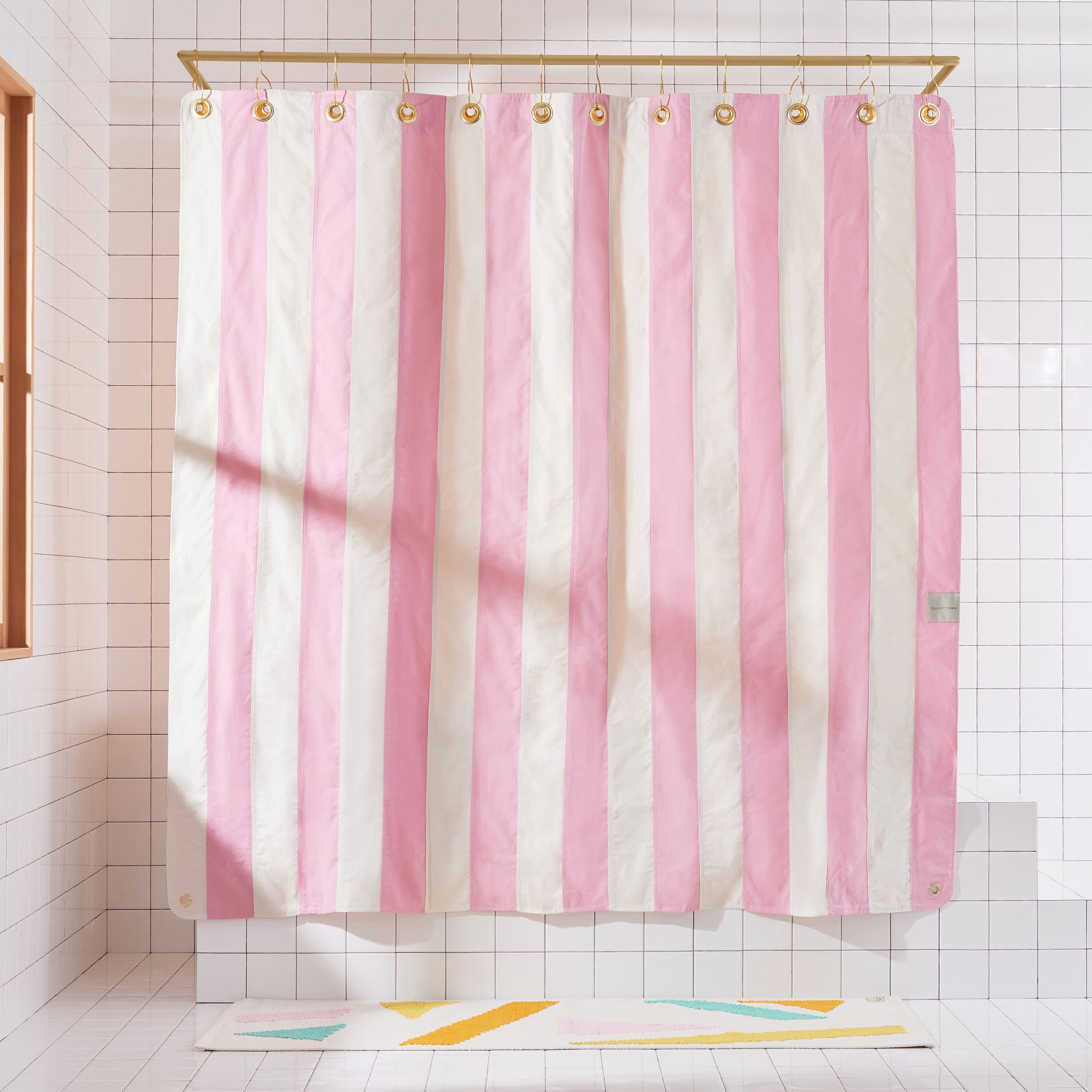 Catalina Phlox front view of curtain hanging in a bathroom.