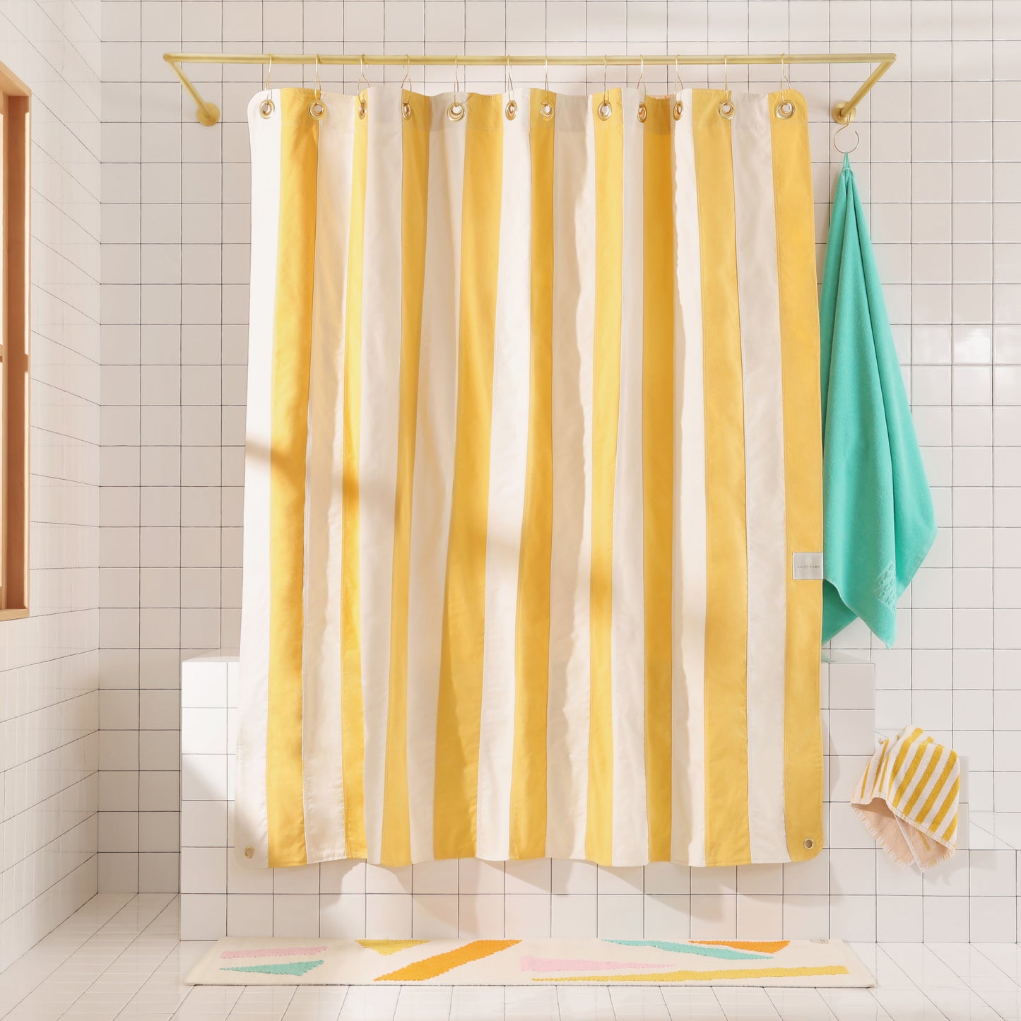 Catalina Canyon front view of curtain hanging in a bathroom.