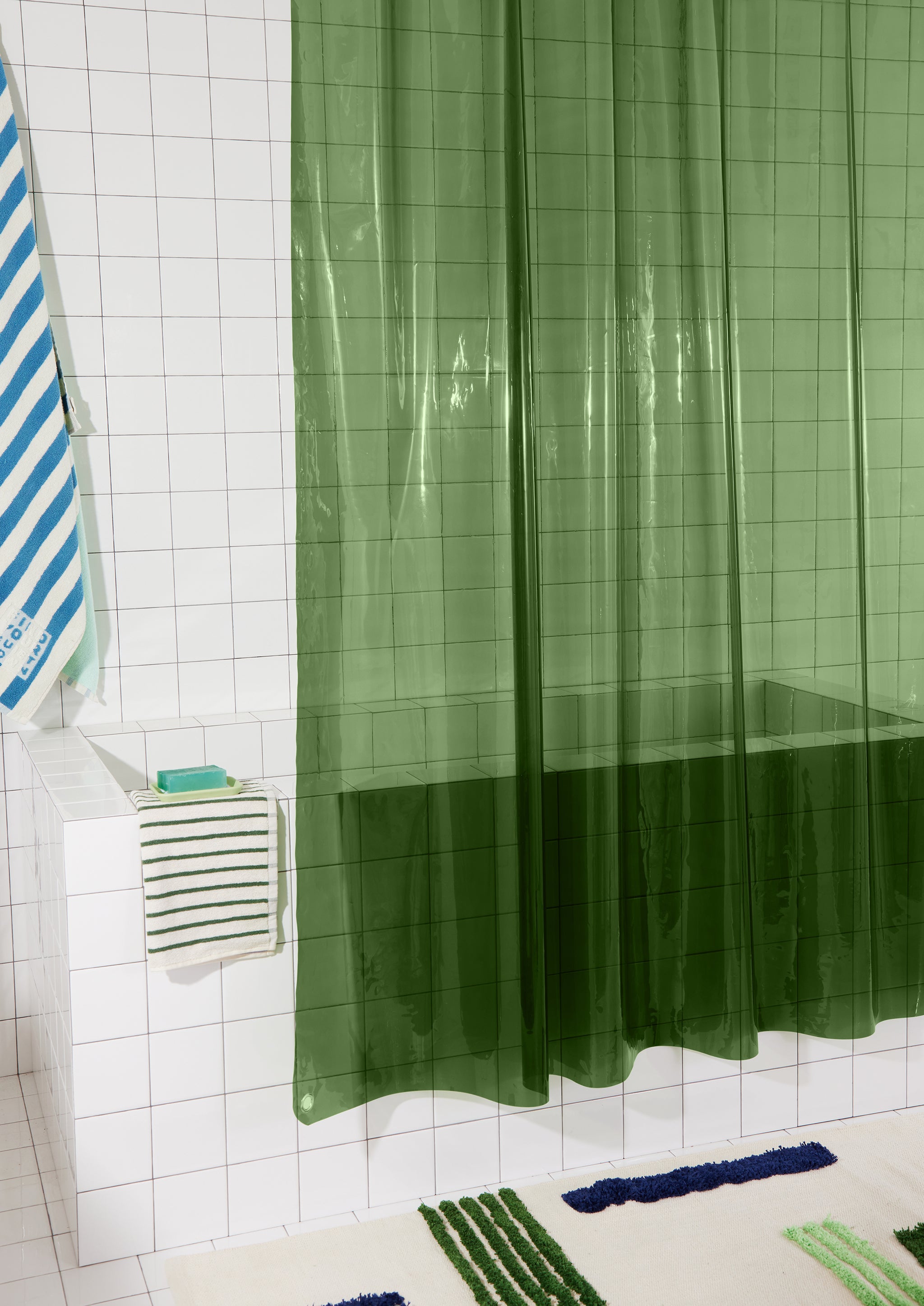 Sun Shower Pine | Green Clear Shower Curtain | Quiet Town