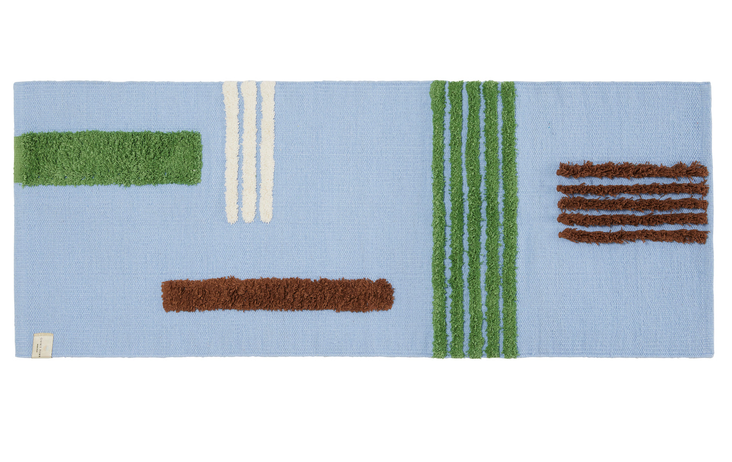 blue bath runner with multi-color stripes on white background