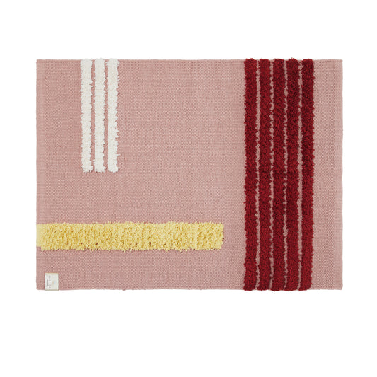 rose colored rug with yellow stripe, 3 white stripes, 3 burgundy stripes. 
