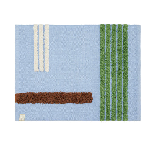 blue rug with multi-color stripes flat on white background