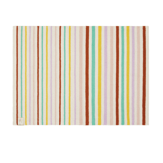 multi color striped cotton rug laying flat on a white background.