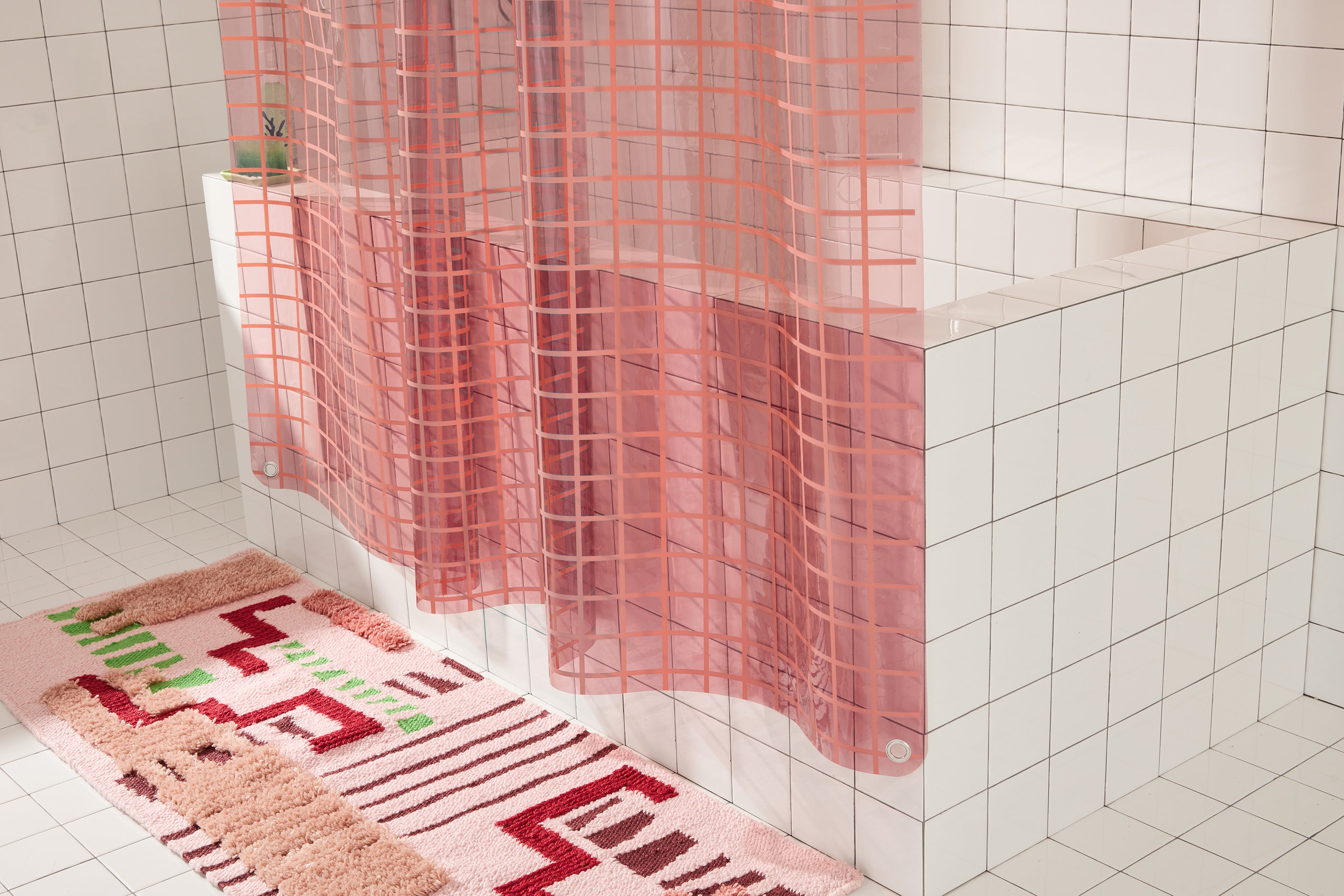 Sun Shower 2x2 in Rose | Pink Grid Clear Shower Curtain | Quiet Town