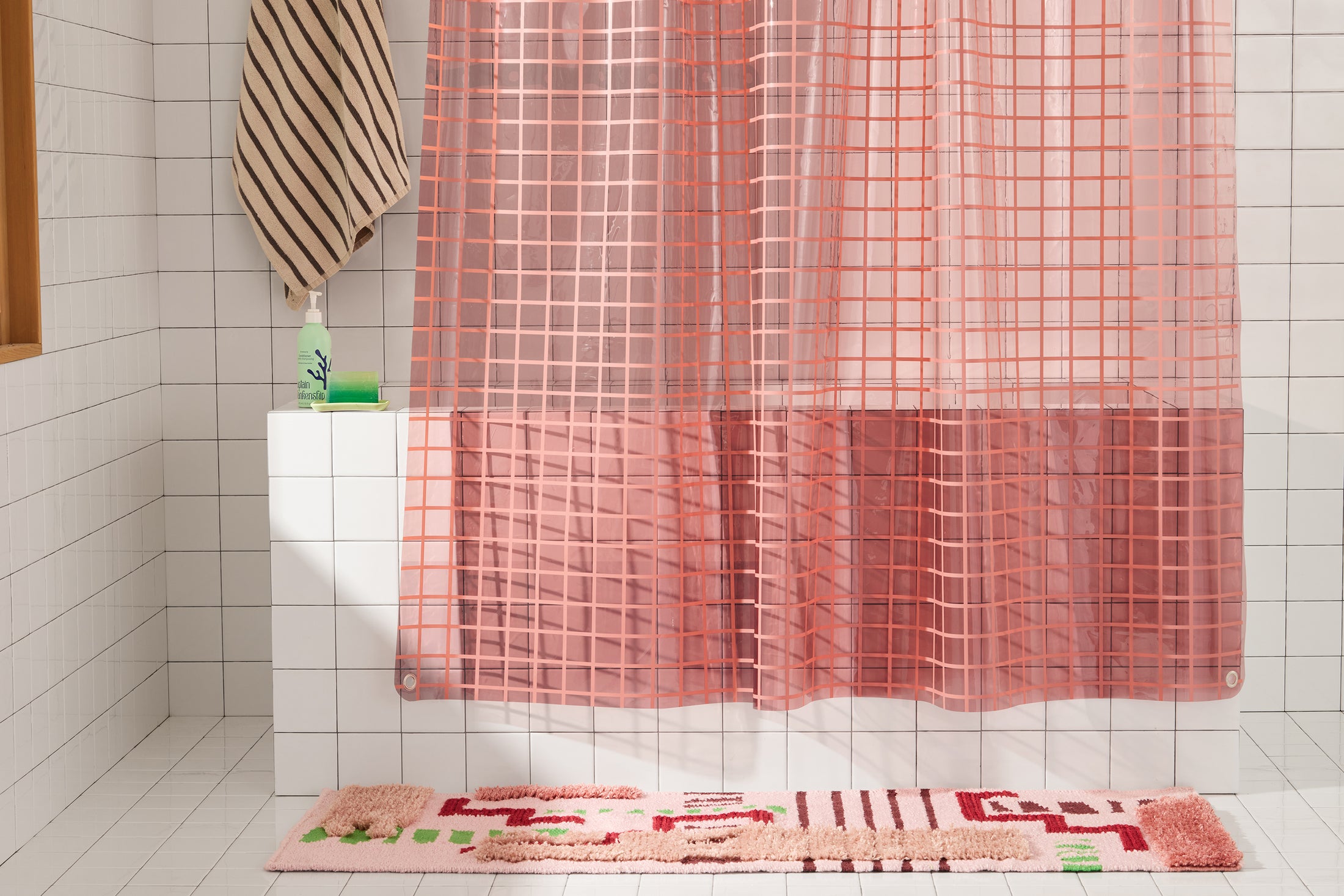 Sun Shower 2x2 in Rose | Pink Grid Clear Shower Curtain | Quiet Town