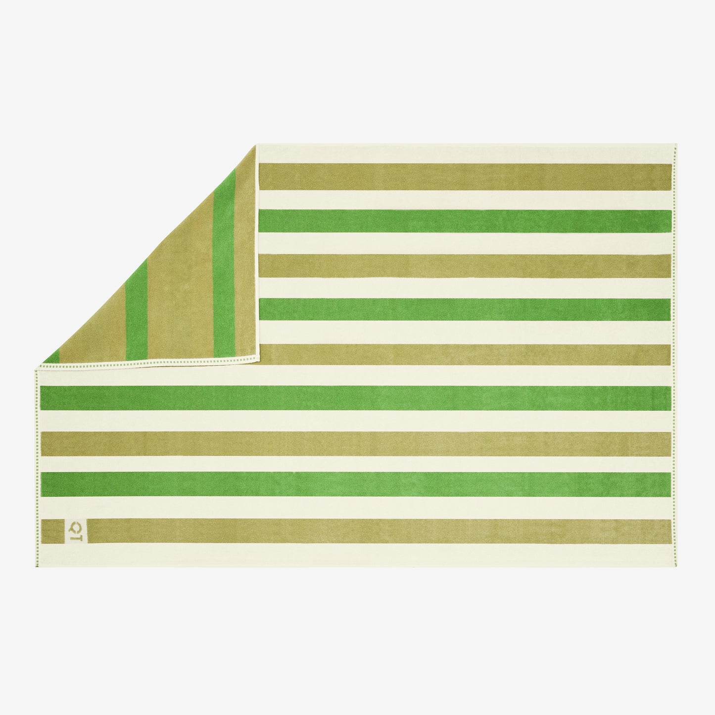 Green and cream striped towel on a white background