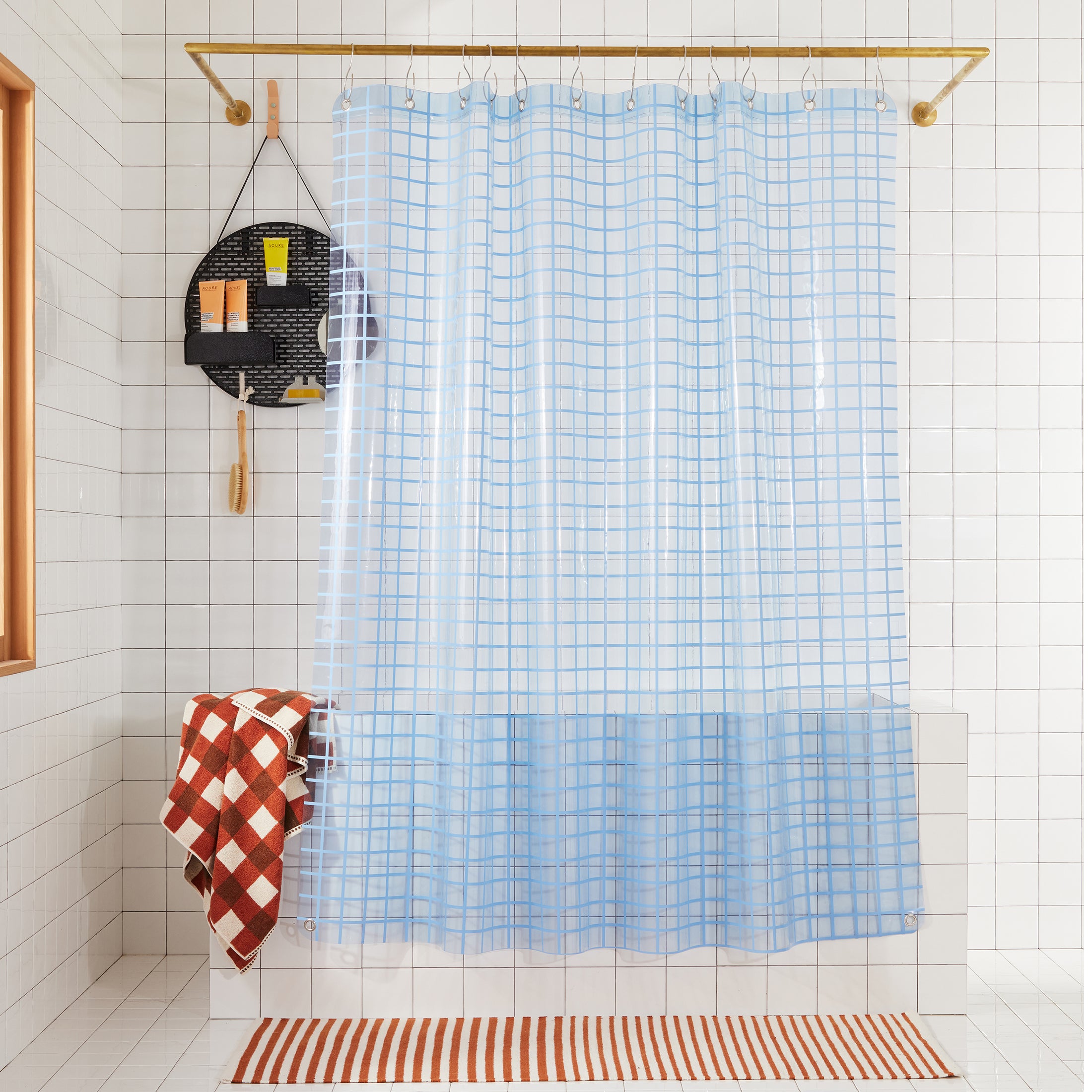 Sun Shower 2x2 in Atlantic | Blue Grid Clear Shower Curtain | Quiet Town