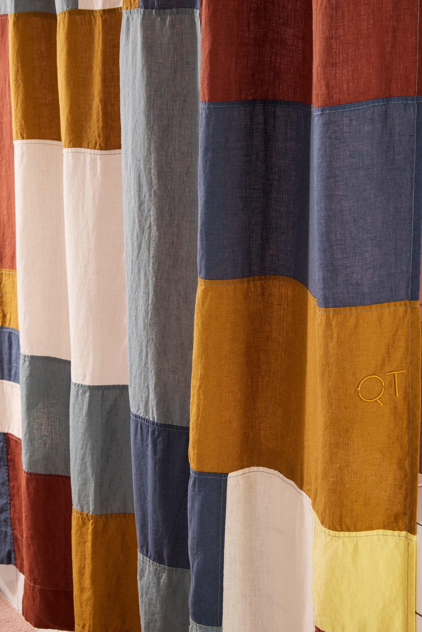 patchwork multicolor linen curtain with QT embroidered.