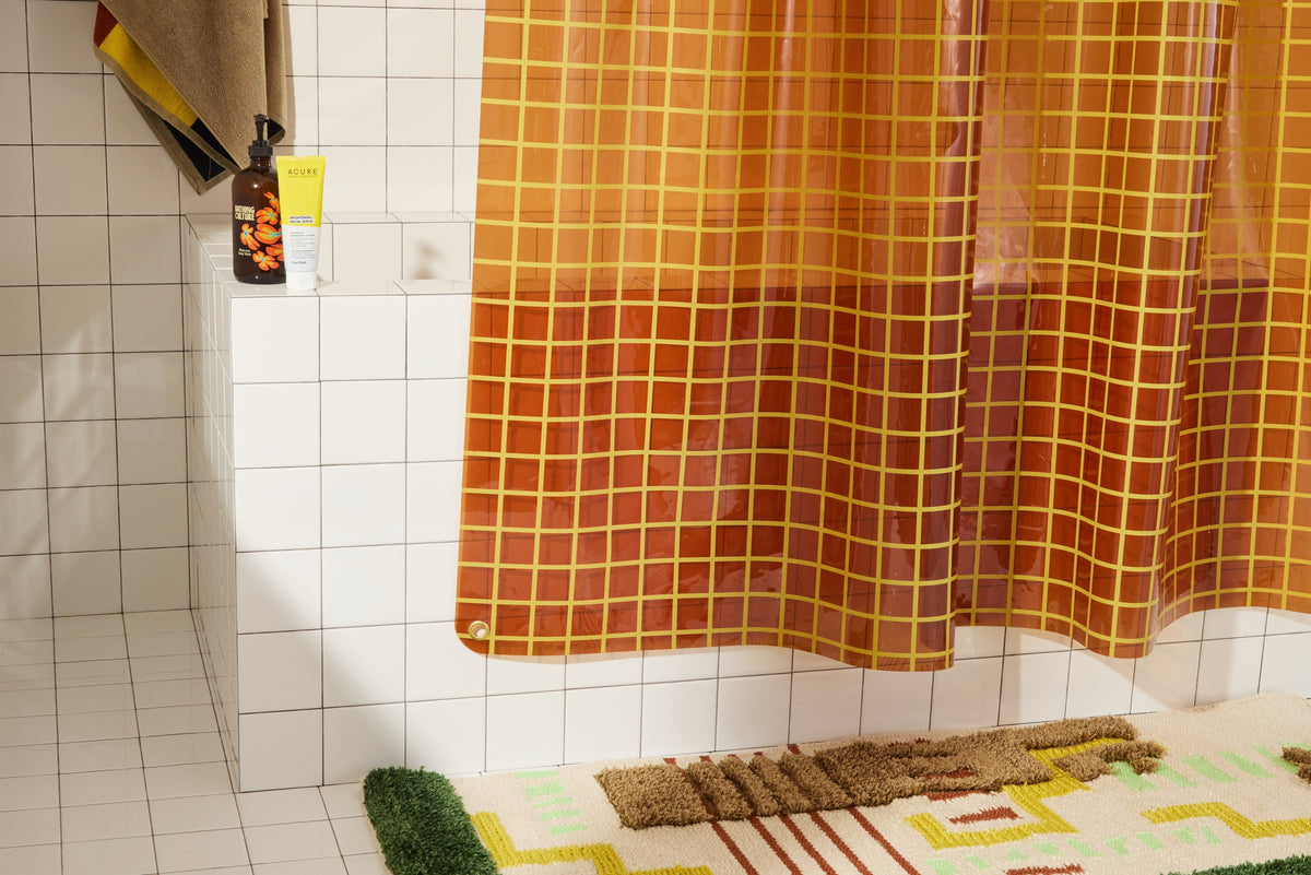 Sun Shower 2x2 in Honey | Yellow Grid Clear Shower Curtain | Quiet Town