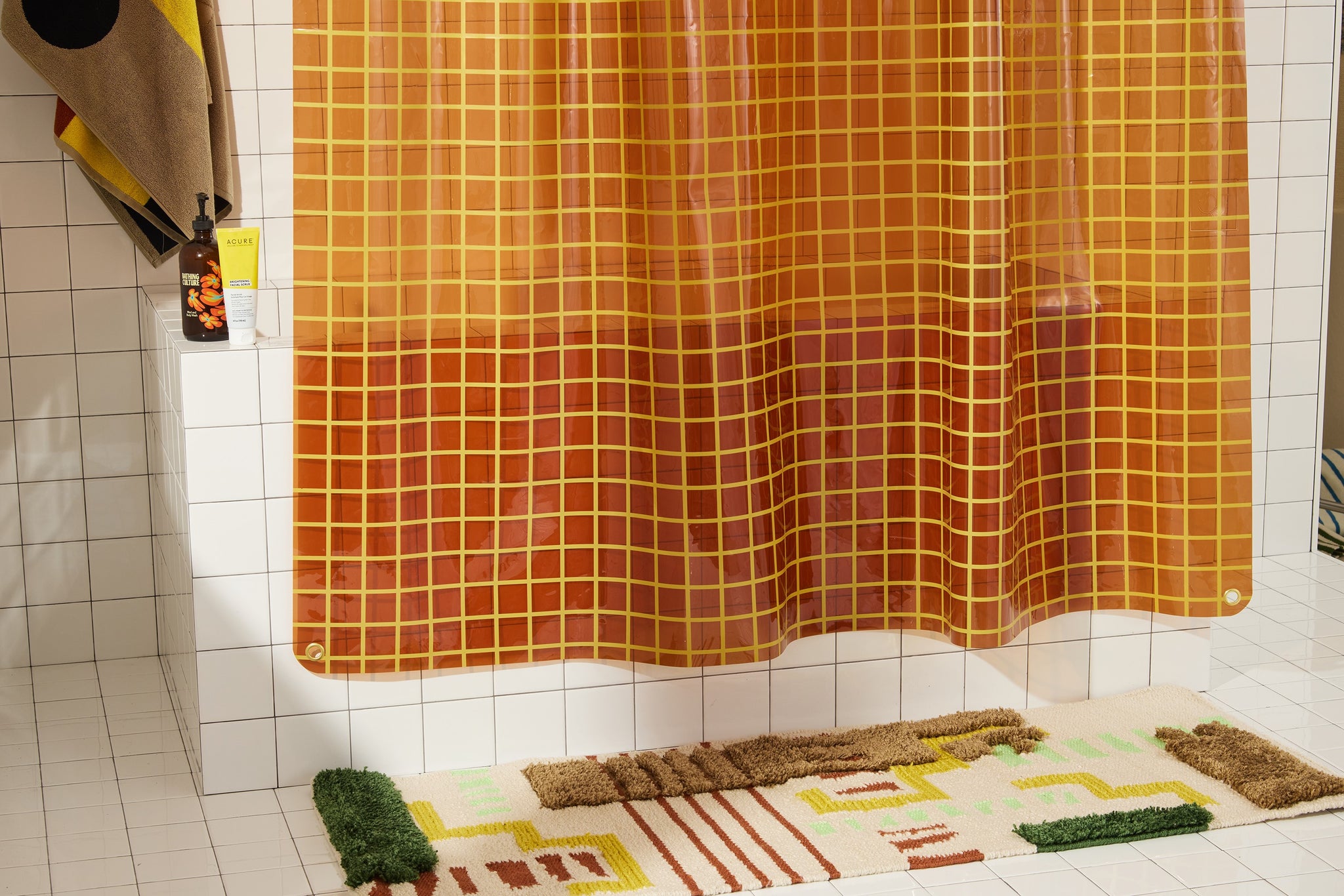 Sun Shower 2x2 in Honey | Yellow Grid Clear Shower Curtain | Quiet Town