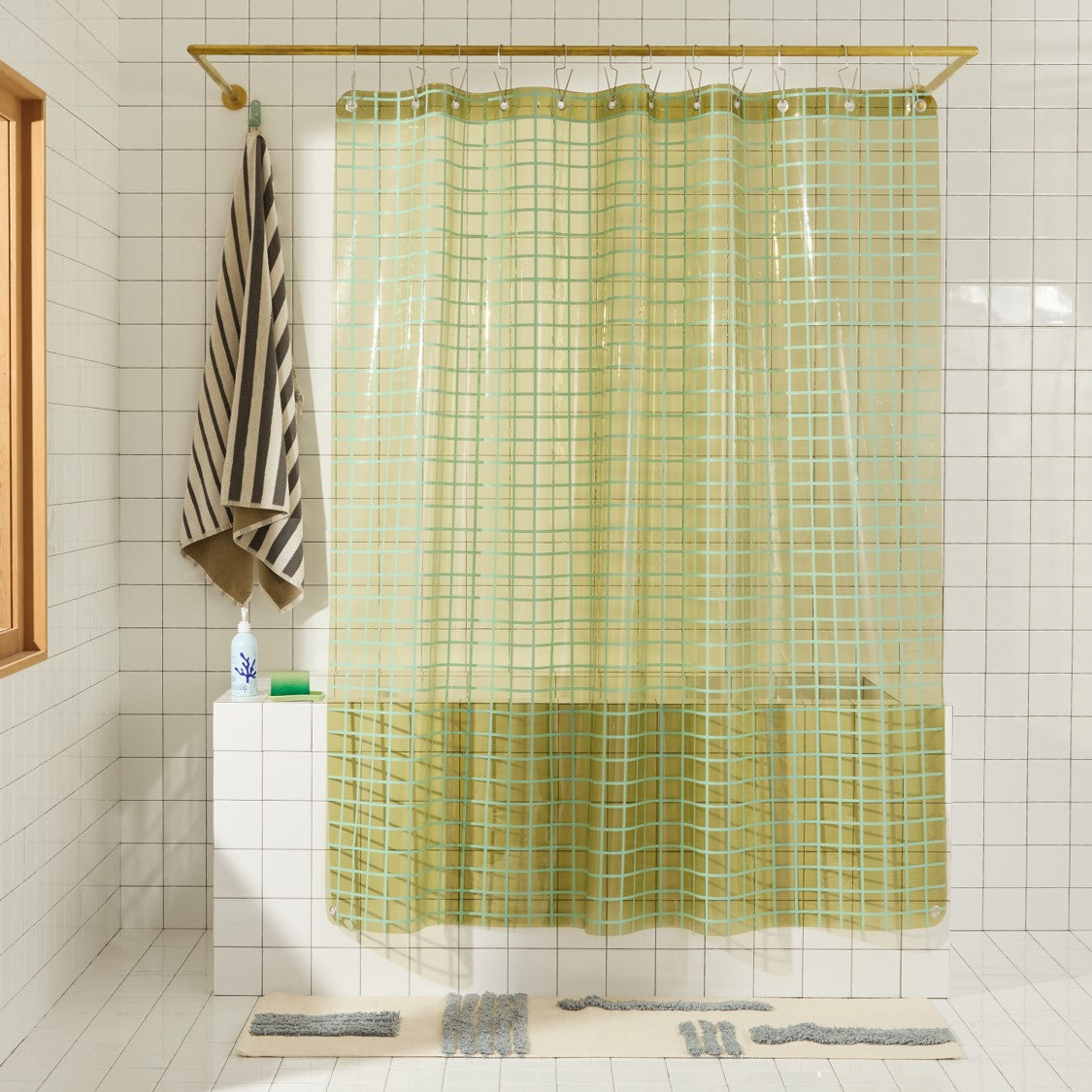 Sun Shower 2x2 in Olive | Green Grid Clear Shower Curtain | Quiet Town