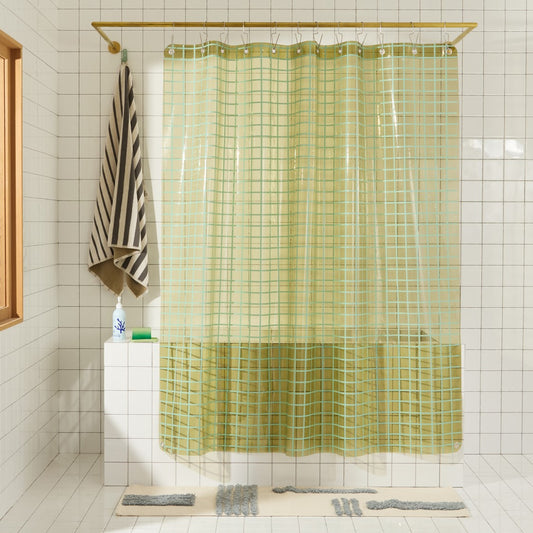 Sun Shower in Olive 2x2 front view of curtain hanging in a bathroom.