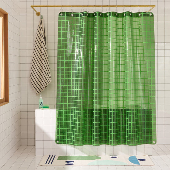 Sun Shower 2x2 in Pine | Green Grid Clear Shower Curtain | Quiet Town