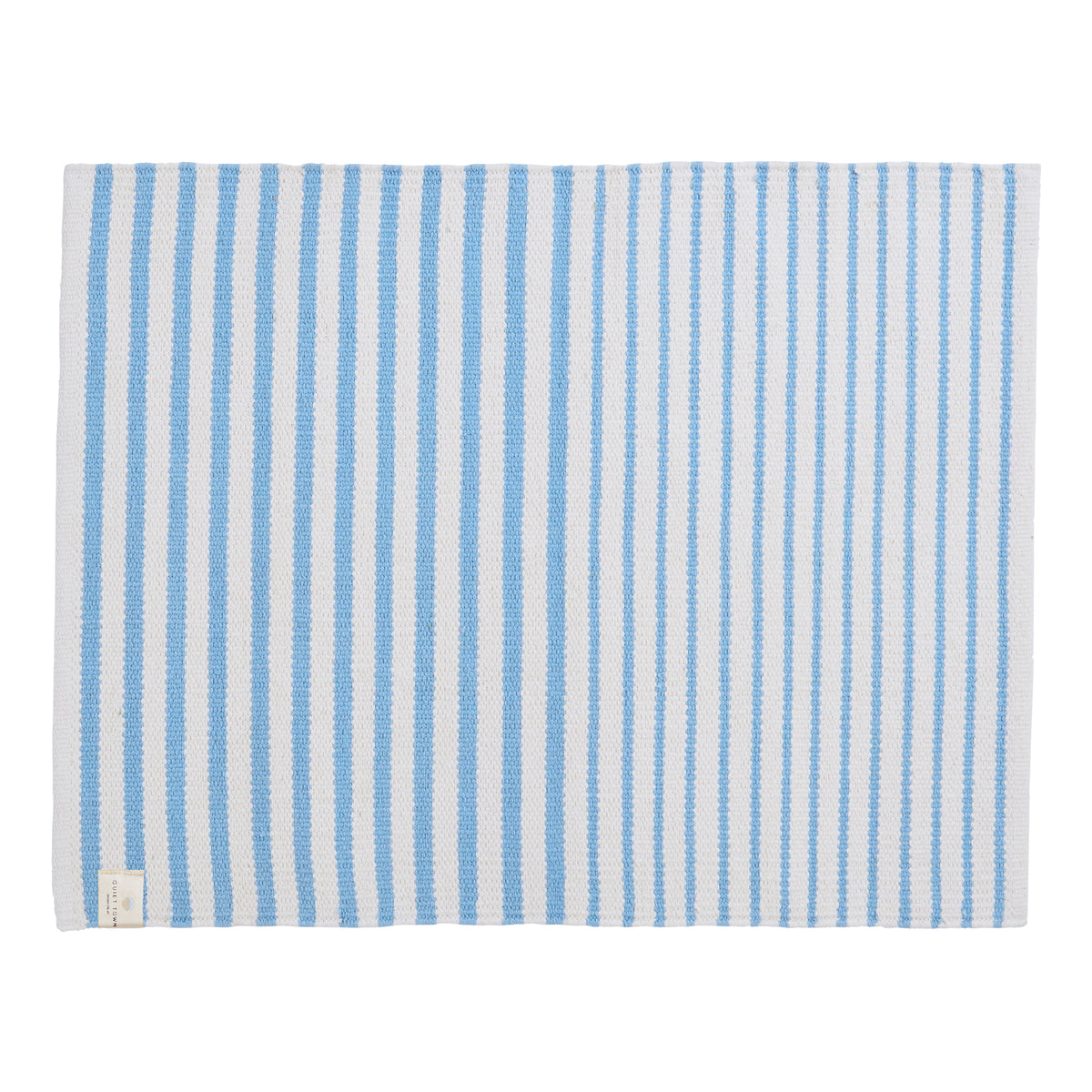 blue and cream striped mat on white background. 