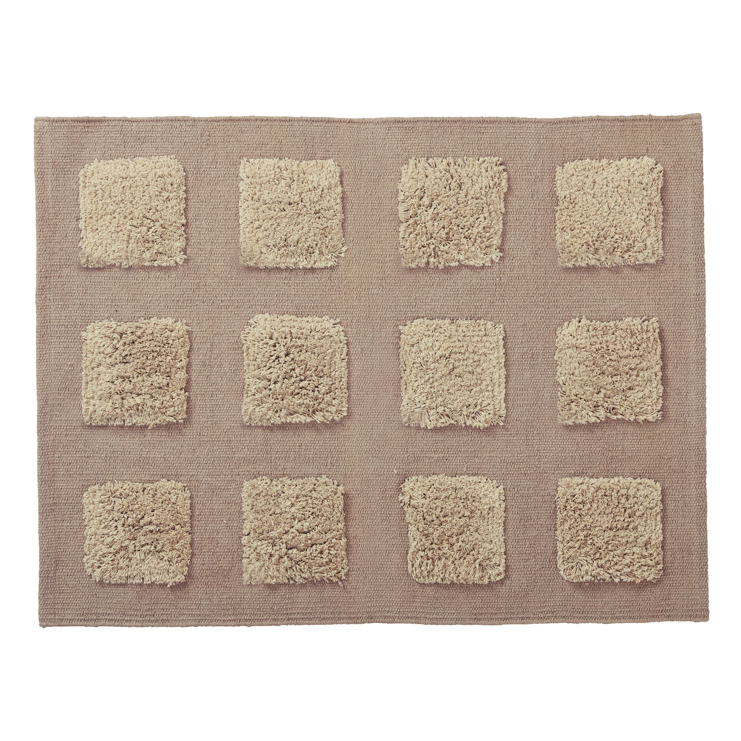 A rectangular bath rug with a textured taupe-brown base and a grid of twelve raised, shaggy squares.