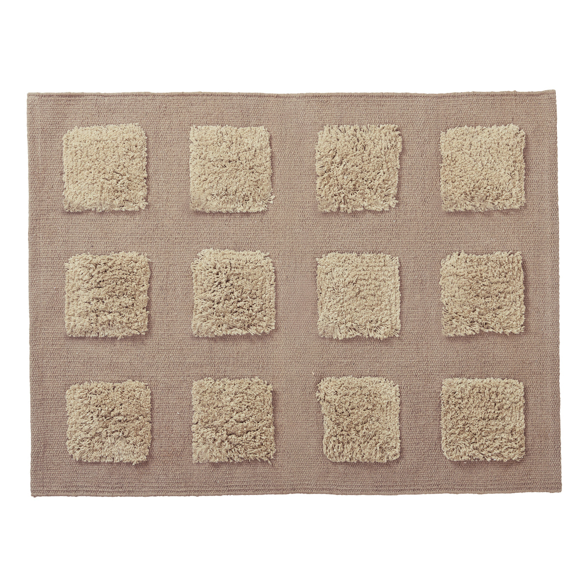 A rectangular bath rug with a textured taupe-brown base and a grid of twelve raised, shaggy squares.