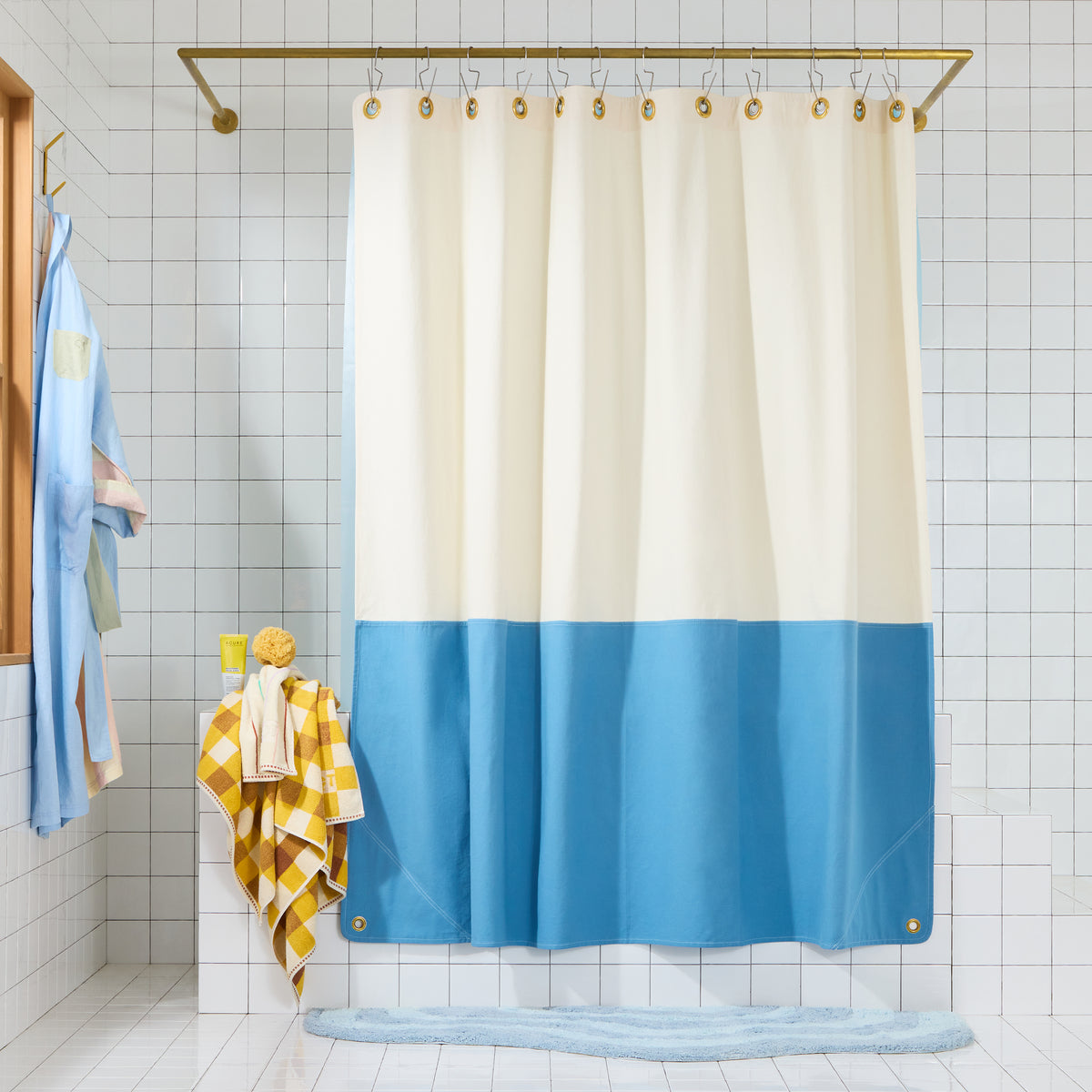 Orient Atlantic front view of curtain hanging in a bathroom.