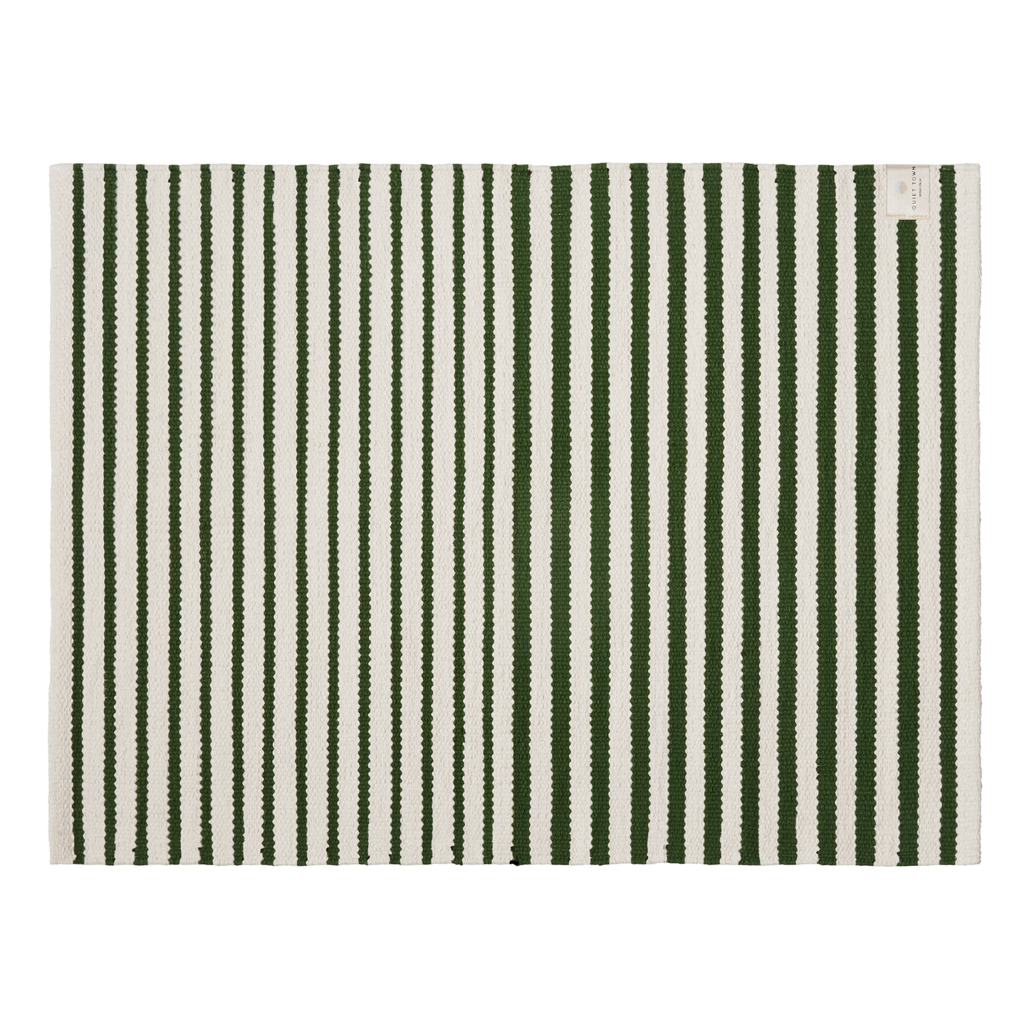 Striped green and white rug on a white background
