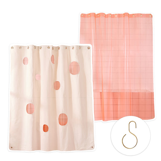 Bubble shower curtain and peony sun shower curtain shot against white background