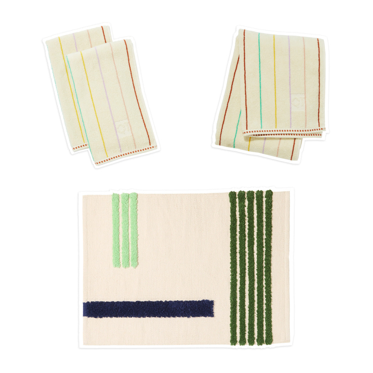 Set of three towels with striped patterns on a white background