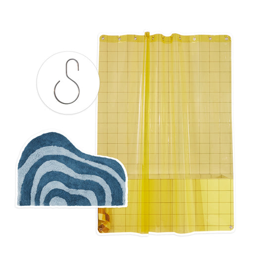 Yellow Sun shower with lost coast atlas and silver s-hooks shot against white background.