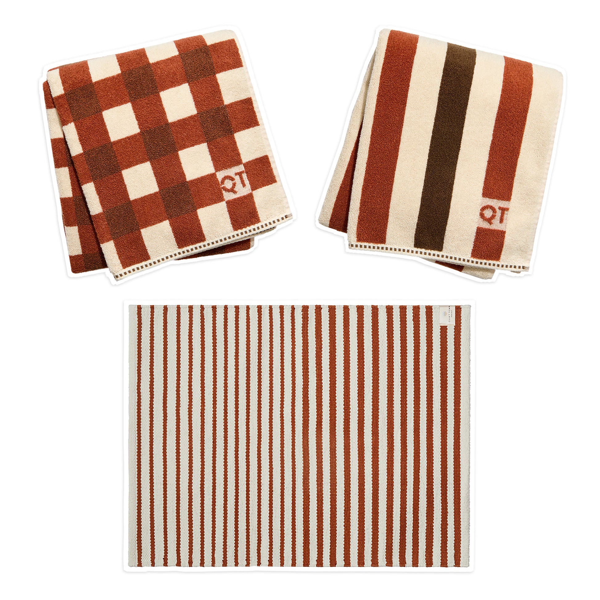 two patterned towels and 1 striped rug on white background