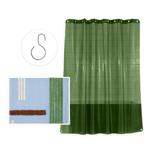 Green shower curtain with a blue rug with green stripes and a shower curtain hook on a white background.
