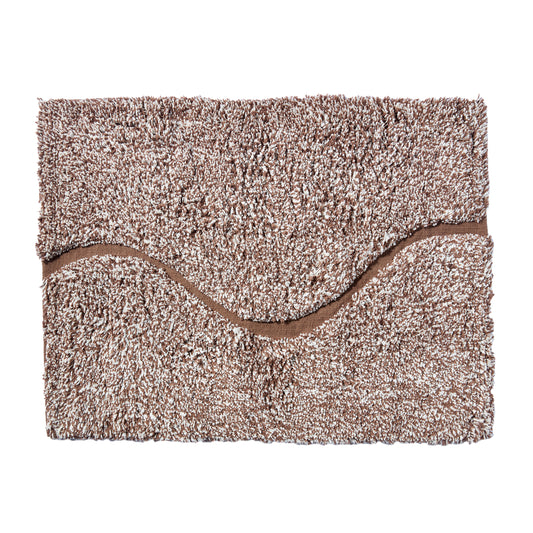 Brown bath mat in 21"x31" size with curvy path stripe contrast shot against a white backdrop.